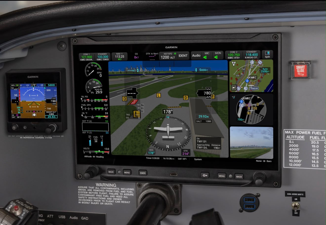 Garmin AXIS operating in-panel with 3D SafeTaxi, moving map, engine data, camera view, and standby flight display.