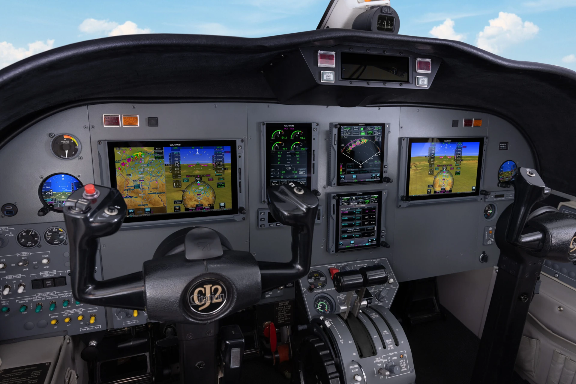 Garmin-modernized Cessna Citation flight deck with dual flight displays and center-stack navigators, pictured in Garmin’s CitationJet announcement