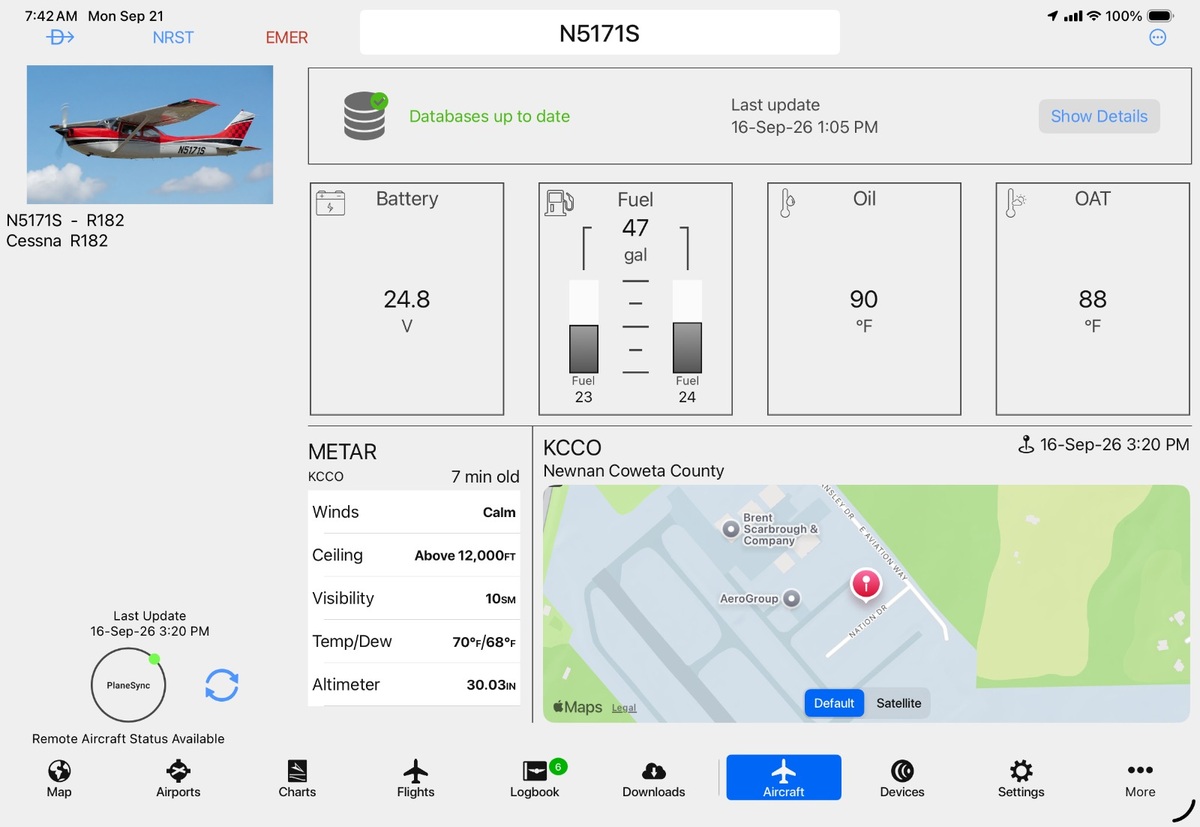 Garmin Pilot aircraft-status screen for N5171S showing Remote Aircraft Status Available; dated September 16 readings
