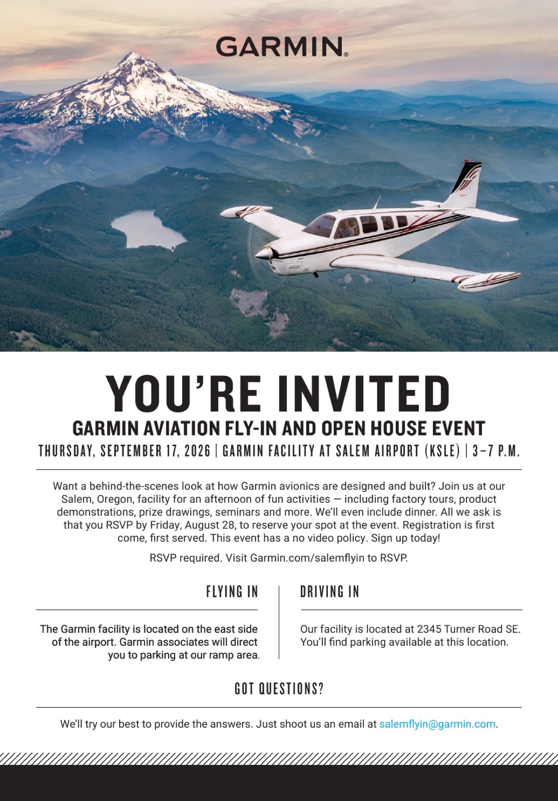Garmin Aviation Fly-In and Open House invitation for September 17, 2026, at Garmin’s Salem Airport facility.