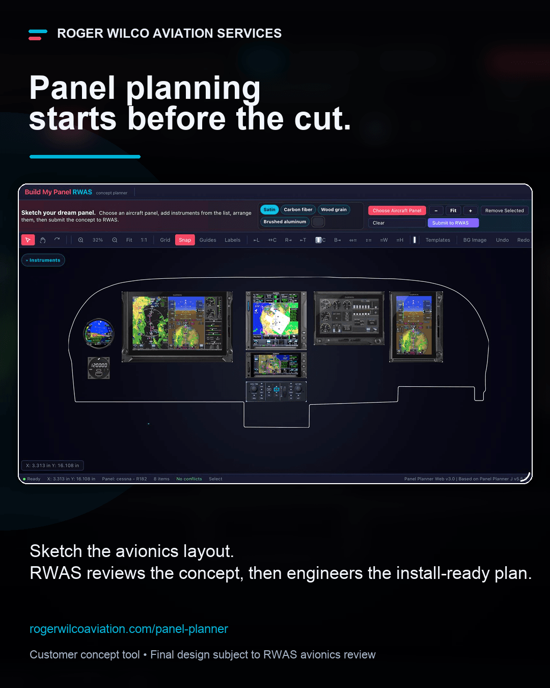 Preview of the RWAS Panel Planner showing a Garmin avionics layout in a Cessna R182 panel
